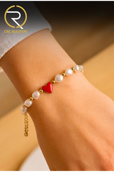 Crc Bijuteri Enameled Heart Baroque Pearl Bracelet