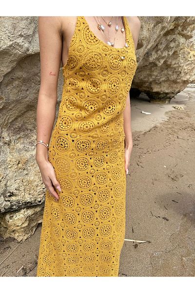Cherry Lane Mustard Color Crochet Back Detailed Strap Dress