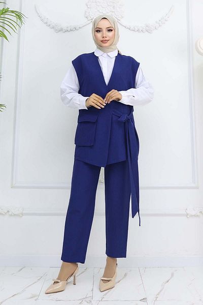 benguen Navy Blue 2243 Tie-Up Vest Trousers Set