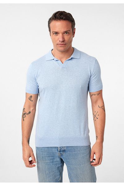 Williot Tricou Gerhard pentru bărbați, albastru, moale, subțire, de bază, cu mânecă scurtă, fără nasturi, cu gât polo