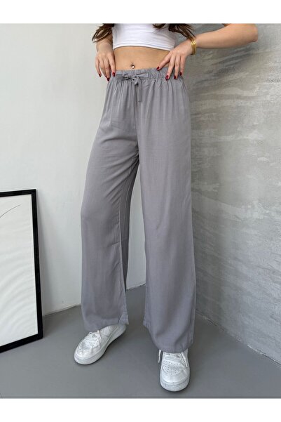 Ozy Fashion Сірі штани з еластичним поясом, широкими штанинами та широкими штанинами з віскози VİSKON-444