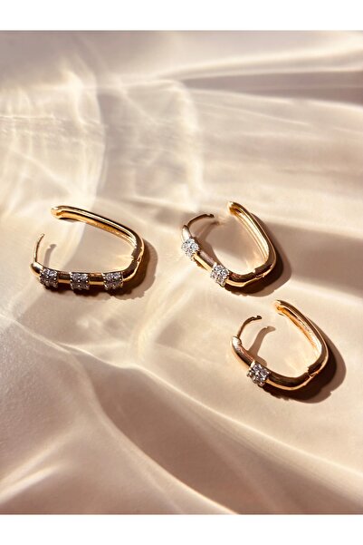 WisstoriaCollections Rose Renk 3 lü Beyaz Zirkon Taşlı Oval VİP Küpe