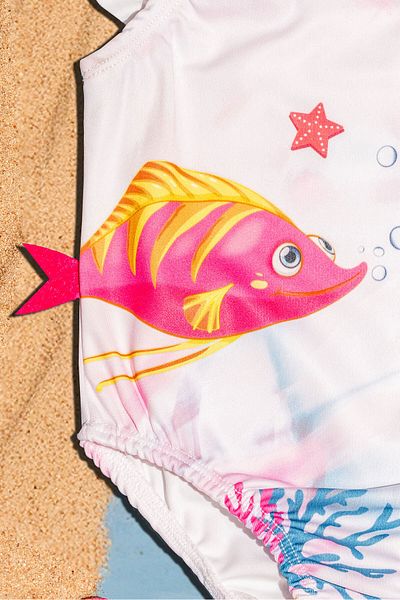 Beniizle Fish Patterned Shoulder Ruffle Detailed Girl's Swimsuit