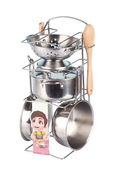 PopŞeker Toy Steel Cookware Pan Set with Rack 8 Pieces: Little Chefs' Dream!