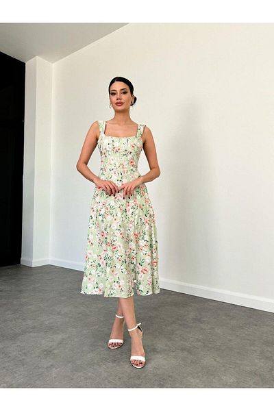 MİSSCİXFASHİON Thick Strap Floral Midi Women's Evening Dress - Back Rope Tie Graduation Dress