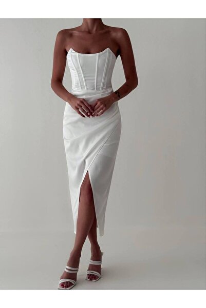 Misscix Kadın Abiye Straplez Yırtmaçlı Beli Drapeli Midi Elbise - Abiye & Mezuniyet Elbisesi