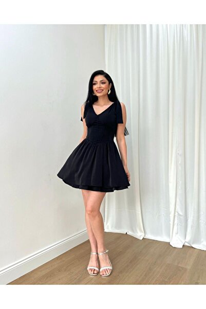 MİSSCİXFASHİON Kadın Abiye V Yaka Drapeli Kloş Etekli Mini Elbise Abiye & Mez...