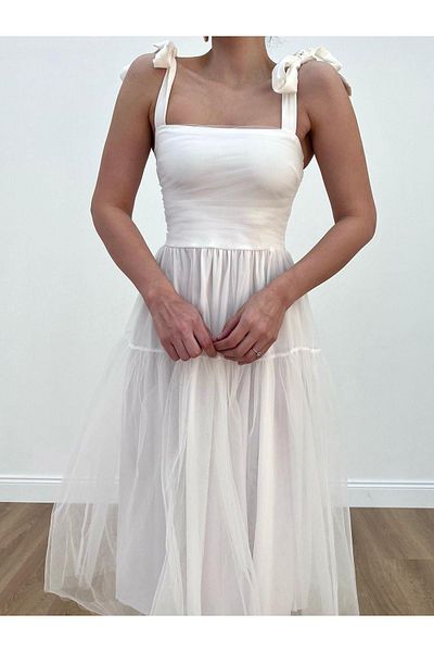 MİSSCİXFASHİON Women's Tulle Midi Evening Dress Tie-Up Strap Detail Flared Skirt Back Low-Cut Evening Dress & Graduation Dress