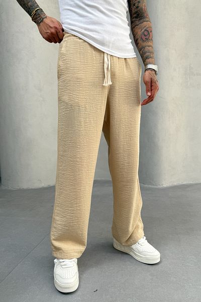 MADZEYMODA Ανδρικό φαρδύ φαρδύ παντελόνι Jogger με ελαστική μέση μπεζ KE-7008