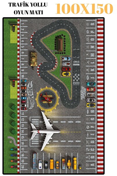 PRINTOPIA Araba Yollu Trafik Yolu Şehir Otopark Temalı Çocuk Oyun Mat Halısı