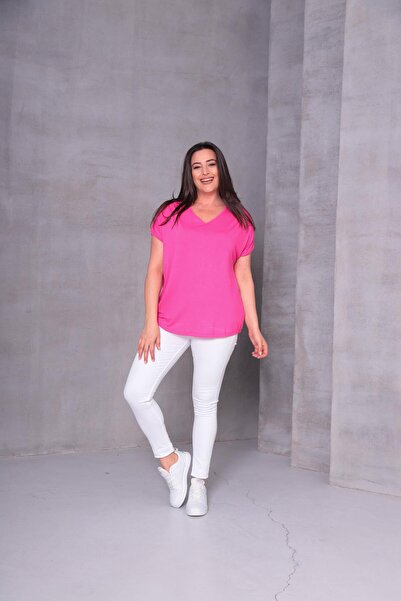 Ebsumu Women's Large Size Back Ring Detail Comfortable Combed Cotton Pink Blouse