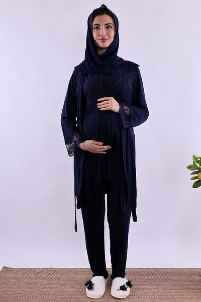 ByLohusa Effortt Navy Blue Maternity Sleepwear Set with Hijab Dressing Gown