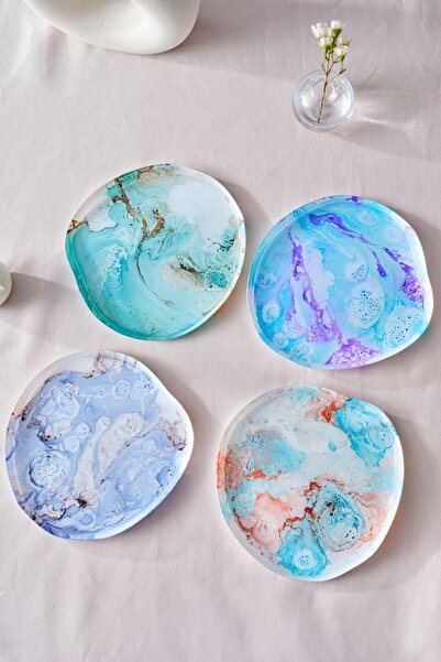 Karaca 4 Parça Ebru Cam 4 Kişilik Pasta Takımı 18 cm Gri Cam Oval BPA Free Mo...