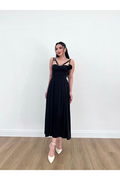 MİSSCİXFASHİON Evening Dress Multiple Straps Detachable Rose Detail Flared Skirt Midi Dress Evening Dress and Graduation Dress
