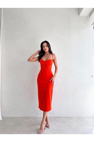 MİSSCİXFASHİON Midi Length Thin Strap Evening Dress - Women's Graduation Dress