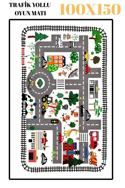 PRINTOPIA Araba Yollu Trafik Yolu Şehir Otopark Temalı Çocuk Oyun Mat Halısı