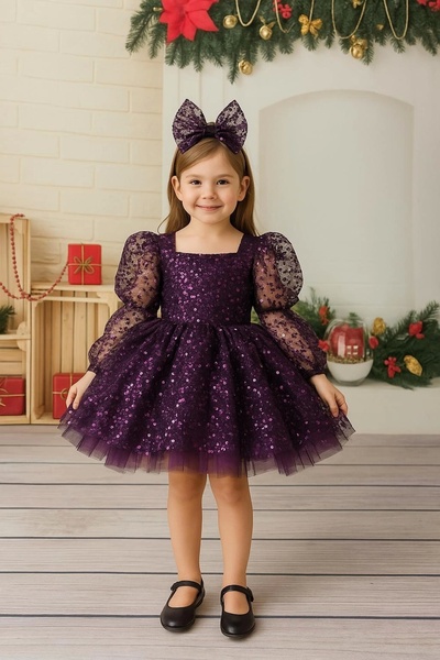 Nissa Mor Kare Yakalı Kız Çocuk Elbisesi