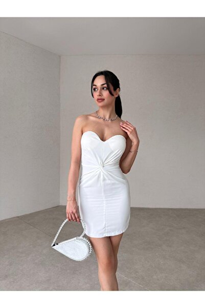 MİSSCİXFASHİON Kadın Abiye Göbeği Büzgülü Kalp Yaka Straplez Mini Elbise Abiy...