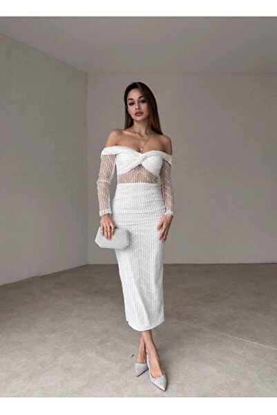 Misscix فستان سهرة نسائي من التول المطرز، فستان متوسط الطول بتفاصيل بطن - فست...