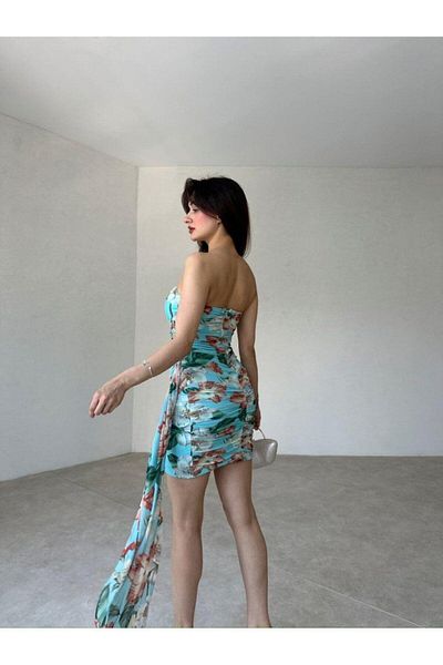 MİSSCİXFASHİON Strapless Mini Evening Dress with Patterned Draped and Fabric Detail - Homecoming Dress