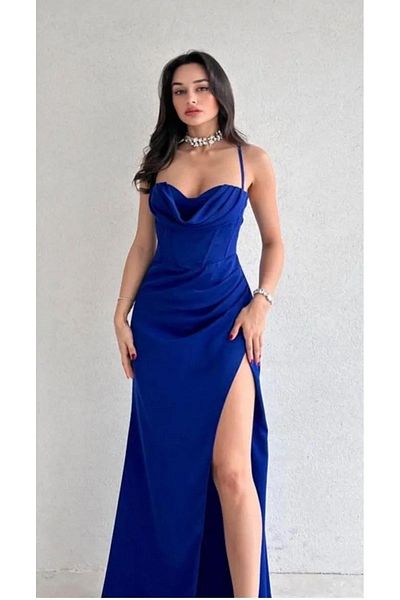 Misscix Corset Maxi Evening Dress with Backless and Deep Slit - Thin Straps