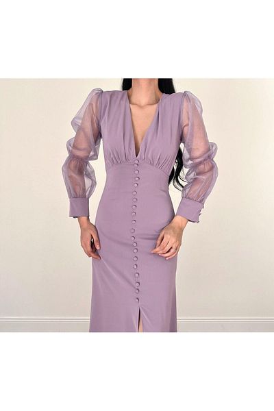 MİSSCİXFASHİON Women's Evening Dress Tulle Transparent Sleeve Detail Front Slit Buttoned Midi Dress Evening Dress & Graduation Dress