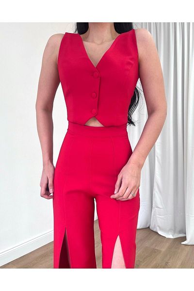 MİSSCİXFASHİON Women's Vest Trousers Suit Front Buttoned Back Adjustable Belt Detail Front Slit Evening Dress