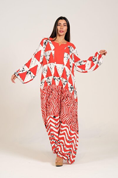 Keyifli Moda فستان نسائي بأكمام طويلة ورقبة قارب منقوش بلون الطوب