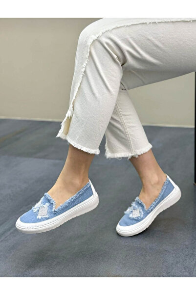 GDT Ayakkabı Mavi Renk Taşlı Düz Taban Kadın Kot Sneakers