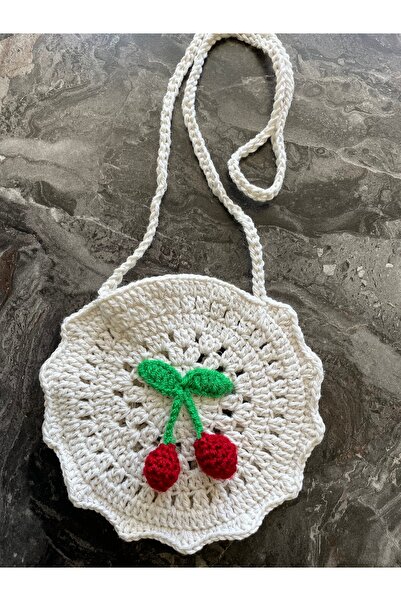 Handmade El Örgüsü Kız Çocuk Çanta - Kirazlı Örgü Çanta