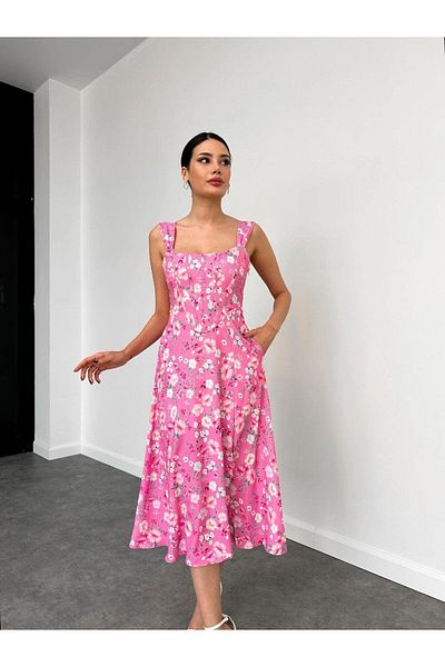 MİSSCİXFASHİON Thick Straps and Rope Tied Floral Print Midi Women's Evening Dress & Graduation Dress