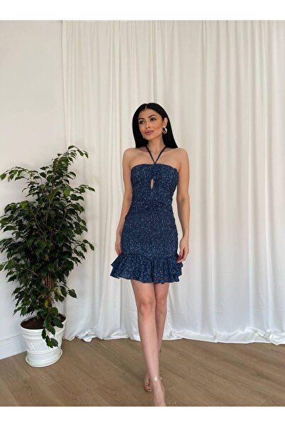 MİSSCİXFASHİON Kadın Straplez Boyundan İp Bağlamalı Drapeli Fırfır Etek Uçlu ...