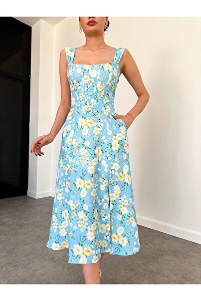 MİSSCİXFASHİON Kadın Abiye Kalın Askılı Arkadan İp Bağlamalı Çiçekli Midi Abiye & Mezuniyet Elbisesi