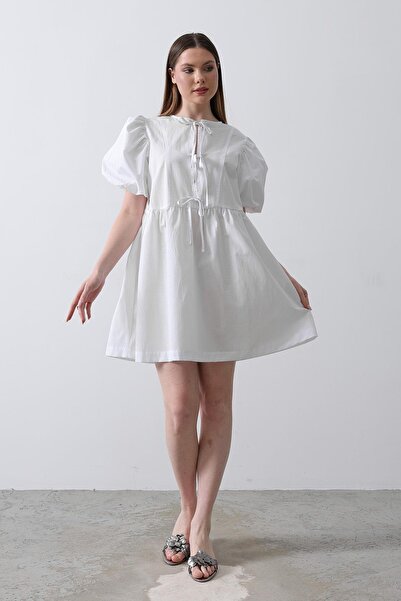 Lin Collection Women's Balloon Sleeve Ribbon Detailed Bride Dress White R35420