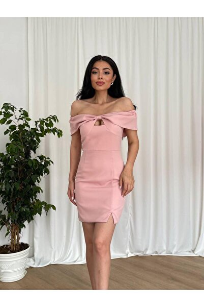 BEAUTY FASHİON Abiye Kadın Düşük Kol Kurdela Görünümlü Krep Mini Elbise Abiye...