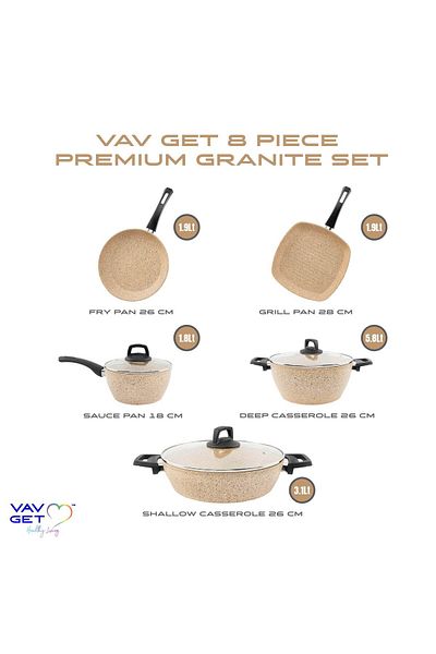 VAV GET 8-Piece Premium Granite Cookware Set Non-Stick, Durable, Eco-Friendly, with Lids