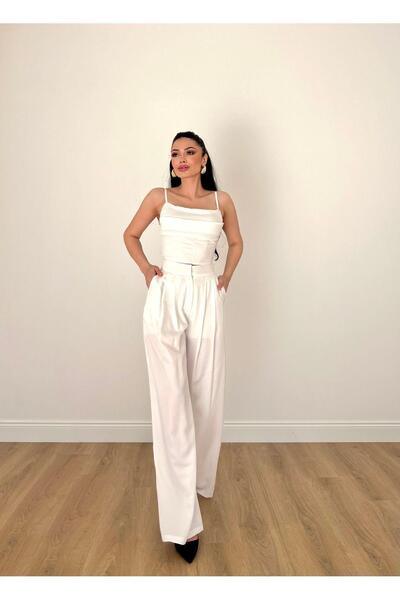 MİSSCİXFASHİON Kadın Abiye İp Askılı Sırt Dekolteli Büstiyer Pileli Bol Paça ...