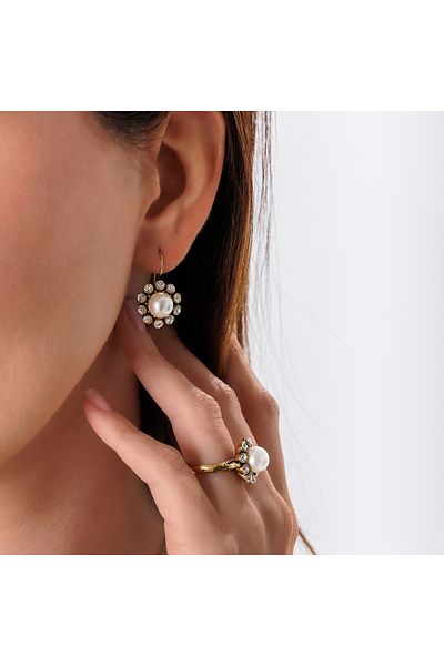 Atelier LEO Handmade Jewellery Pearl Core Earring Necklace Set Copper Hand Made with Crystal Stone No Tarnishing Women's Jewelry Set