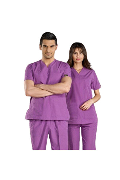 ÇİZGİ MEDİKAL MOR V Yaka Scrubs (Terikoton/İnce Kumaş) t200