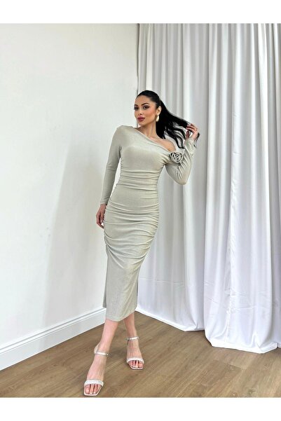 MİSSCİXFASHİON Kadın Midi Bodycon Elbise Çıkarılabilir Gül Detay Çapraz Yaka Simli Abiye & Mezuniyet Elbisesi