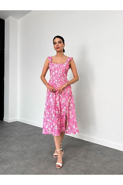 MİSSCİXFASHİON Thick Straps and Rope Tied Floral Print Midi Women's Evening Dress & Graduation Dress