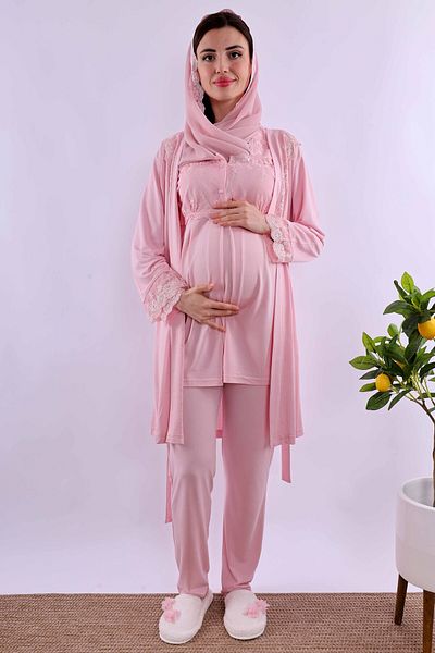 ByLohusa Effortt Pink Maternity Sleepwear Set with Hijab and Dressing Gown