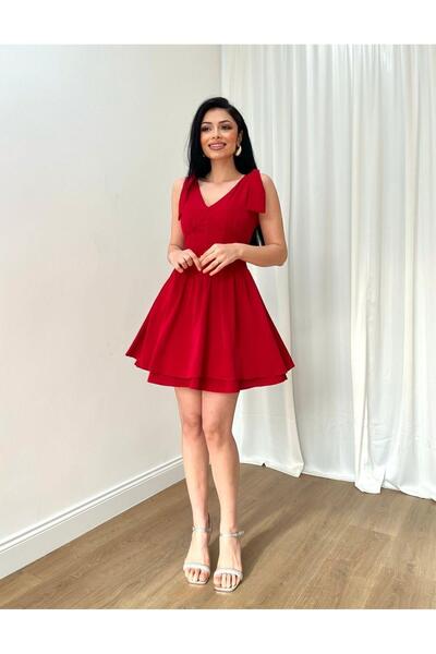 MİSSCİXFASHİON Kadın Abiye V Yaka Drapeli Kloş Etekli Mini Elbise Abiye & Mez...