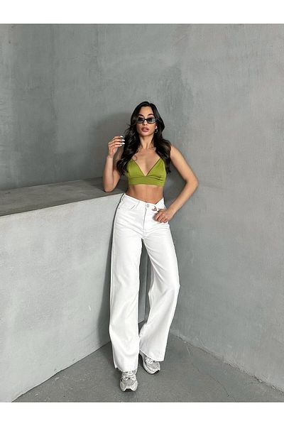 SHEVEGA بنطلون جينز نسائي أبيض عالي الخصر وواسع الساق