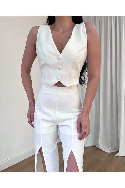 MİSSCİXFASHİON Women's Vest Trousers Suit Front Buttoned Back Adjustable Belt Detail Front Slit Evening Dress