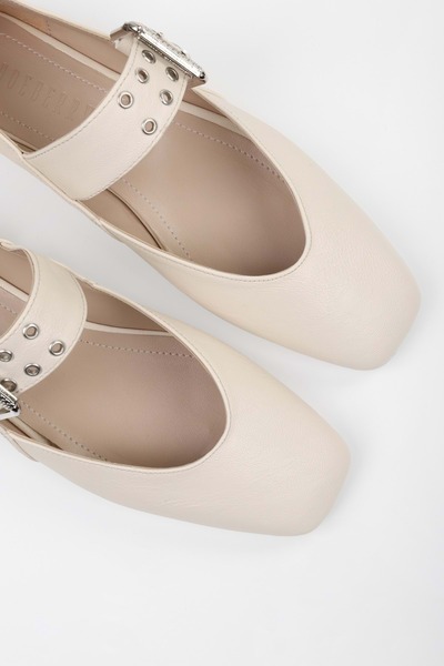 Shoeberry Women's Vell Ecru Skin Ballerinas with Belt Buckle