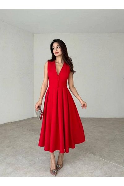 Misscix Women's Evening Dress Deep V Neck Button Detail Flared Skirt Midi Dress - Evening Dress & Homecoming Dress