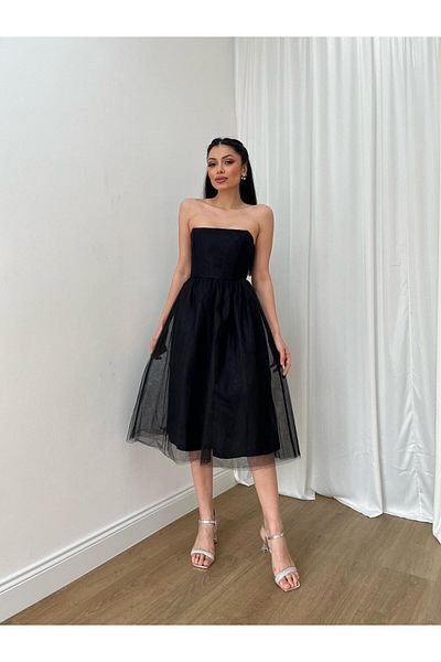 MİSSCİXFASHİON Evening Dress Women's Strapless Draped Slim Fit Flared Tulle Skirt Midi Tulle Dress - Evening Dress and Graduation Dress