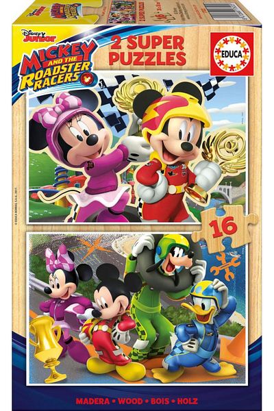 EDUCA Puzzle Mickey and the Roadster Racers, Disney 2 X 16 Wooden Puzzle