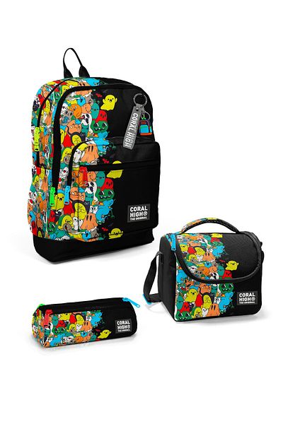 Coral High Set de 3 genți de școală cu model de desene animate negre pentru copii SET0123774